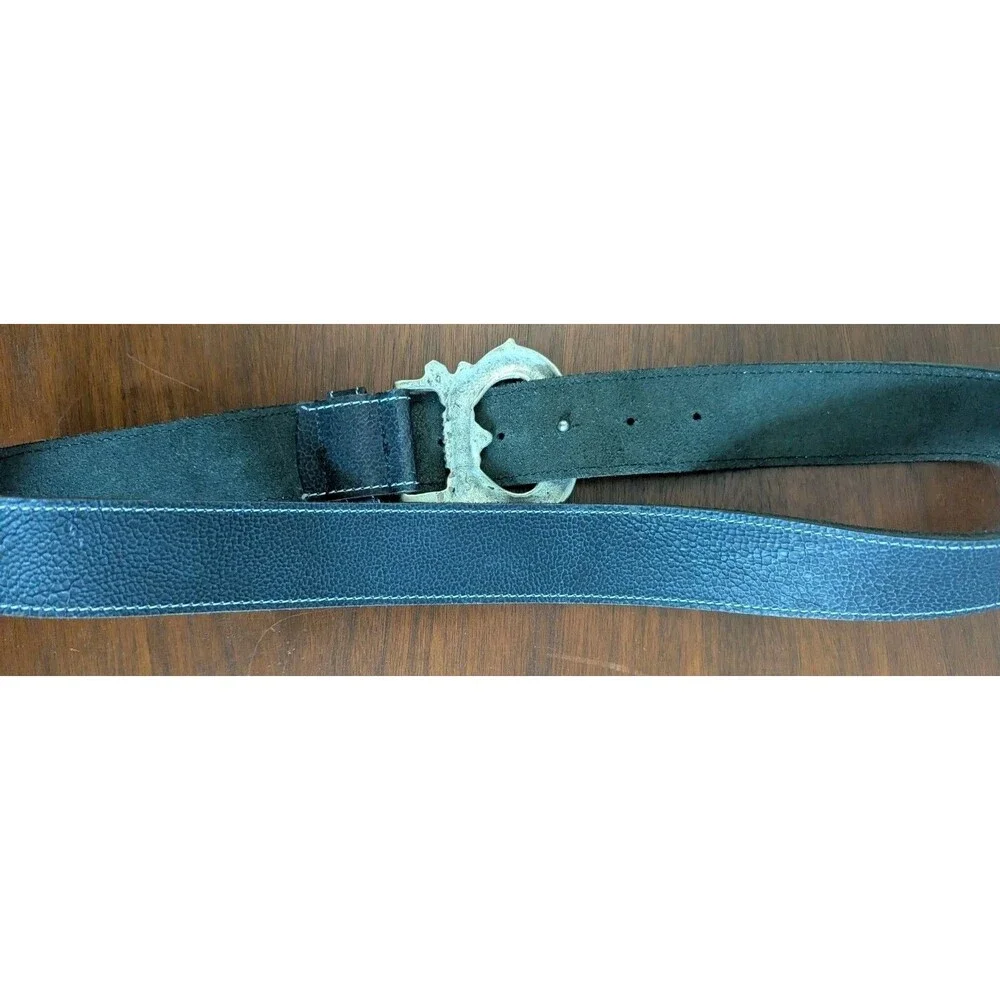 Vintage Italian Leather Belt Womens M Black Pebbled Ornate Pewter Buckle 34-38